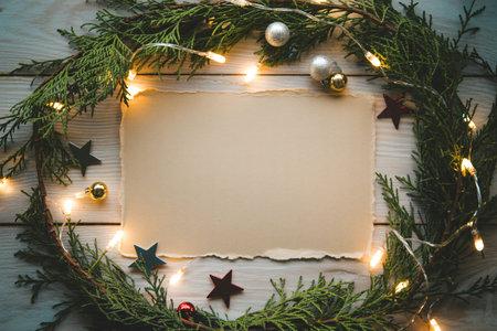 Festive christmas wreath made of evergreen branches lights and ornaments frames a blank piece of paper perfect for a holiday invitation or greeting card placed on a rustic wooden surface creating a wの写真素材