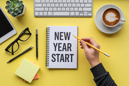 Hand holds a pencil to write new year start in a notebook surrounded by office supplies on a bright yellow desk representing planning and goal setting for a fresh beginning.の写真素材