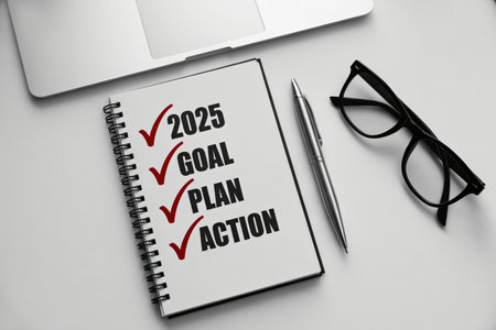 Notebook displays 2025 goal plan and action items with checkmarks next to each item alongside a pen glasses and laptop on a clean white desk representing strategic planning and goal setting for futurの写真素材
