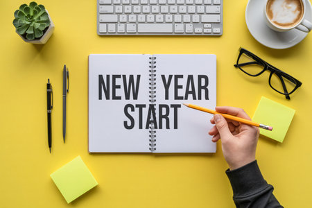 New year start message is written in a notebook on a bright yellow desk surrounded by office supplies and a hand holding a pencil symbolizing planning for the future and setting new goals.の写真素材