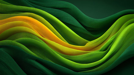Abstract background displays intricate textured fabric waves transitioning from deep forest green through vibrant lime to warm yellow tones forming beautiful undulating layers perfect for contemporary creative projects.の写真素材