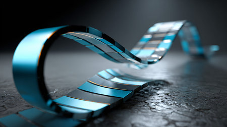 Abstract visualization depicts a metallic ribbon composed of segmented blue and black tiles...
