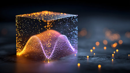 Abstract glowing digital data cube showcases complex signal wave patterns illuminated by vibrant...