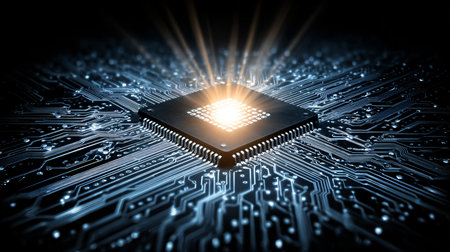 Central processing unit glows with bright orange light on a dark printed circuit board showing...