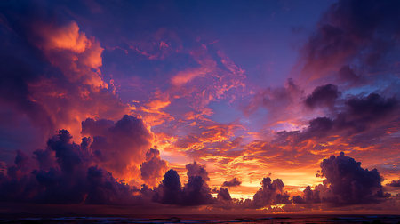 Dramatic sunset features intensely illuminated towering clouds glowing with fiery orange and deep...
