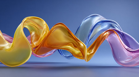 Abstract three dimensional rendering displays dynamic undulating waves of glossy translucent material in striking shades of gold yellow blue and soft violet flowing horizontally across the frame above a muted indigo surface suggesting fluidity and modern technological elegance.の写真素材