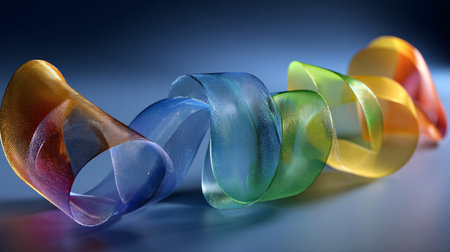 Mesmerizing colorful iridescent mesh ribbon twists and flows dramatically in distinct loops against a deep blue background creating a striking abstract visual emphasizing texture and light refraction.の写真素材