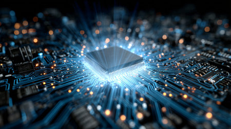 Central processing unit glows intensely with bright blue light emanating along illuminated data...