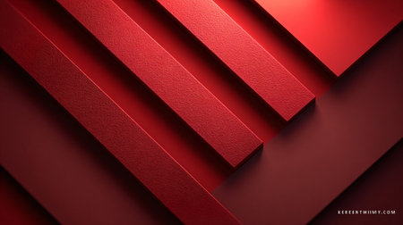 Deep red abstract background showcases overlapping planes and textured diagonal rectangular bars that create strong visual contrast and a sense of three dimensional architectural layering perfect for assertive branding or elegant web design.の写真素材