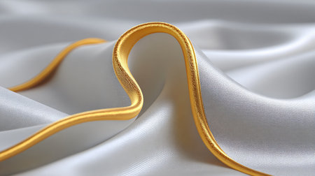 Luxurious white satin silk fabric detailed with an elegant flowing gold trim creates soft dramatic folds and subtle sheen perfect for high-end fashion or decorative textile concepts.の写真素材