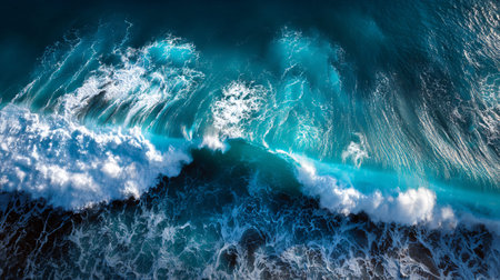 Powerful ocean wave dominates the frame from an overhead perspective showcasing brilliant white foam...