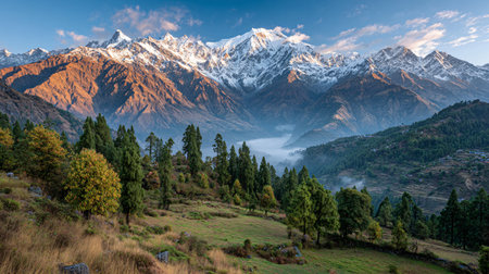 Majestic snow capped himalayan mountain range illuminated by warm morning sunlight overlooks a vibrant foreground featuring tall evergreen trees on a grassy slope above a misty valley floor where small rural villages cling to terraced hillsides creating a breathtaking natural vista.の写真素材