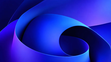 Abstract image displays deeply saturated blue and violet layered ribbons curving dynamically...