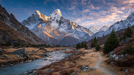 Majestic snowcapped himalayan mountain peaks illuminated by warm sunrise light above a winding glacial river valley landscape featuring rocky terrain and sparse vegetation under a dramatic cloud filled sky.の写真素材
