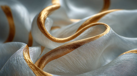 Luxurious sheer white textile showcasing deep sensual folds highlighted by thick continuous bands of rich metallic gold trim creating an abstract pattern of elegance and premium quality perfect for design concepts.の写真素材