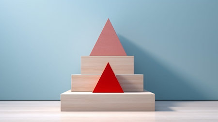 Abstract geometric presentation utilizes stacked wooden blocks creating ascending steps upon which a...