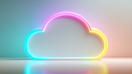 Glowing neon cloud outline featuring gradients of cyan pink and yellow light rests on a reflective...