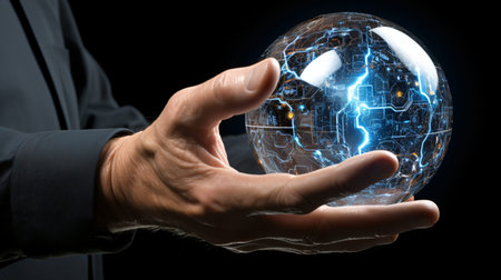 Businessman's hand carefully cradles a transparent glowing sphere filled with intricate blue circuit...