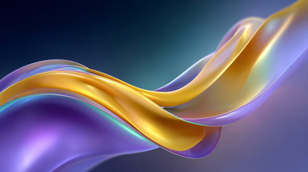 Abstract three dimensional rendering showcases flowing iridescent purple and vibrant gold satin...