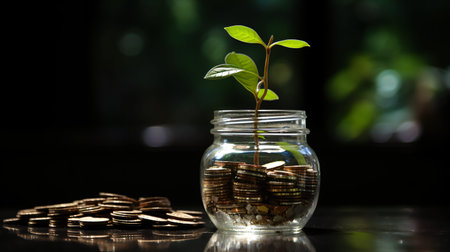Small green sprout emerges from a glass jar containing stacks of shiny gold coins next to a larger...