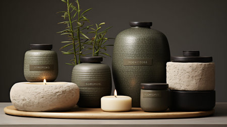 Grouping of luxury home fragrance products includes various sizes of dark olive green textured candle jars and rough cut natural stone containers with burning wicks placed artfully on a light wooden serving platter against a dark background.の写真素材