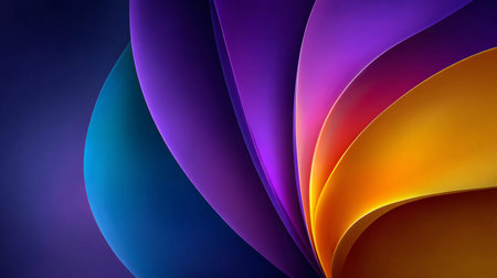 Abstract digital wallpaper showcases overlapping curved layers of vibrant material transitioning...