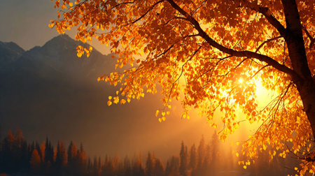 Sunset in the mountains. Autumn landscape with forest and fog.の写真素材