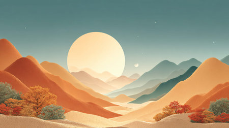 Landscape of sand dunes and mountains at sunset. Digital illustration.の写真素材