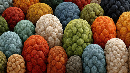 Stylized illustration depicts rolling golden hills dotted with trees displaying varied autumn colors under a dramatic textured sky near a distant farmhouse setting.の写真素材