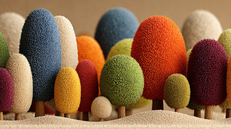 Cluster of highly textured, colorful, abstract trees with fuzzy spherical or oval crowns stands dramatically across a beige, granular foreground suggesting a whimsical miniature landscape scene.の写真素材