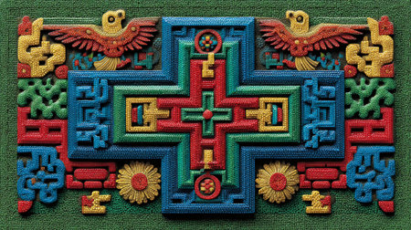 Intricate and vibrant seed mosaic artwork displays a highly symmetrical cruciform pattern richly...
