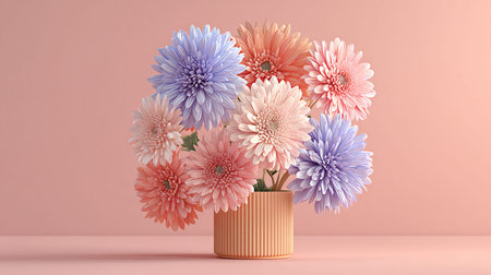 Bouquet of lush gerbera daisies featuring soft pastel shades of lavender pink and peach bursts from a contemporary ribbed terracotta vase centered against a smooth pale pink studio background ideal for romantic feminine designs.の写真素材
