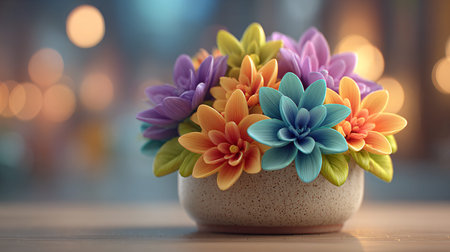 Vibrant arrangement of stylized colorful dahlia-like flowers featuring shades of blue orange purple and yellow sits nestled within a small speckled ceramic pot creating a striking focal point against a soft bokeh background.の写真素材