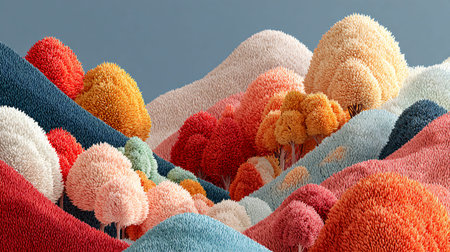 Vibrant abstract landscape illustration depicts numerous densely textured spherical trees rendered in bright contrasting colors like red orange yellow pink and blue nestled closely together among rolling stylized hills against a soft gray sky creating a playful digital visual.の写真素材