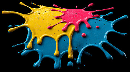Vibrant cyan magenta and yellow paint splatters dynamically interact on a stark black background...