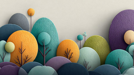 Stylized papercut forest landscape presents layered hills and trees composed of vibrantly colored textured circles creating a playful three dimensional effect ideal for modern wall art and whimsical backdrop designs.の写真素材