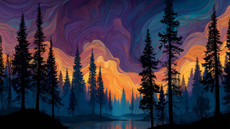 Stylized forest scene displays dark pine silhouettes reflected in still water beneath an intensely colorful sky featuring swirling patterns of orange and deep violet hues.の写真素材