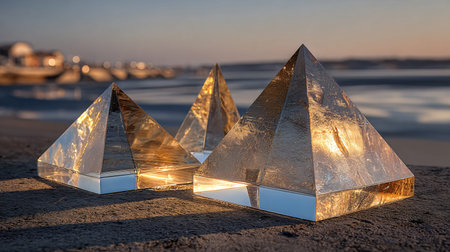 Three geometrically shaped glass pyramids refract and reflect brilliant golden sunlight resting on a...
