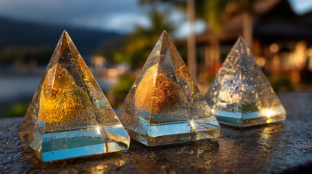 Three pyramid-shaped resin castings containing gold glitter and small inclusions reflect warm...