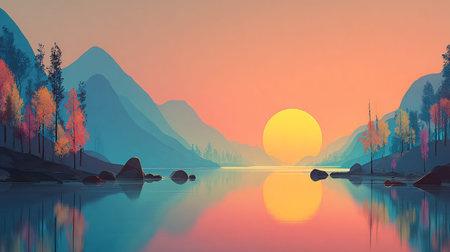 Serene landscape artwork depicts a massive yellow sun descending behind layered blue mountains casting warm orange and pink reflections across the tranquil water surface beside shoreline rocks and vibrant foliage.の写真素材