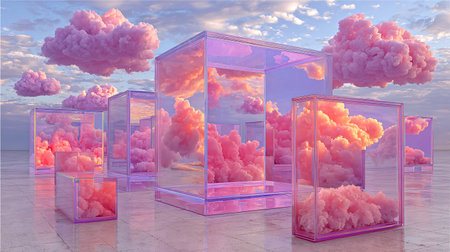 Surreal scene displays multiple clear glass rectangular containers holding voluminous fluffy pink and orange clouds set against a pale blue sky with soft lighting.の写真素材