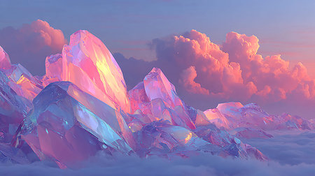 Crystal mountains shimmer with vibrant pink and purple hues above thick white clouds under a dramatic sunset sky offering a surreal and magical vision.の写真素材