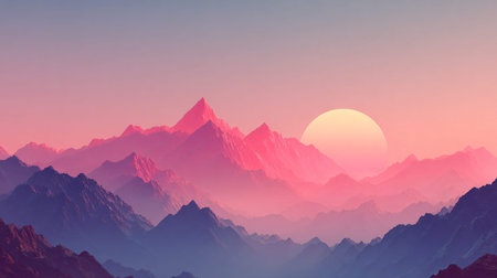 Surreal layered mountain range showcases vivid pink highlights from the setting sun contrasting sharply with deep blue shadowed foregrounds creating a dramatic and atmospheric otherworldly vista.の写真素材