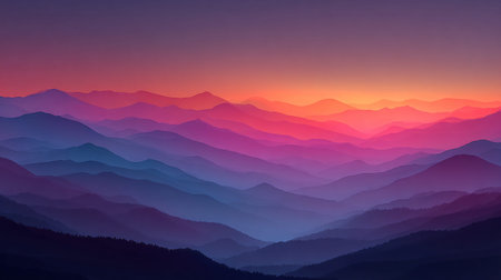 Layered mountain silhouettes reveal striking gradients of purple and orange during a dramatic...
