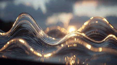 Abstract liquid glass sculpture forms undulating waves reflecting warm golden sunlight creating numerous bright bokeh circles against a muted sky background representing fluid energy.の写真素材