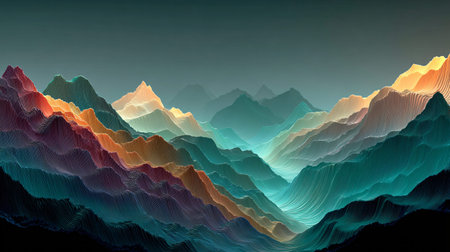 Abstract digital visualization depicts layered mountain ranges showcasing warm and cool color...