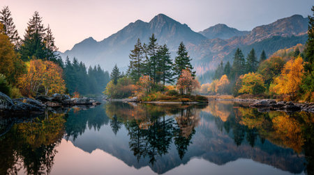 Majestic mountain range overlooks a still lake displaying perfect reflections of the surrounding...