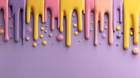 Colorful paint dripping on purple background, top view. Space for text