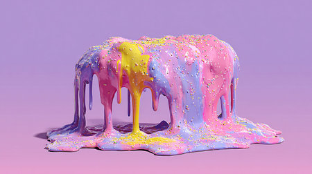 Melting colorful confectionery substance mixes pink blue and yellow hues covered in tiny sprinkles...
