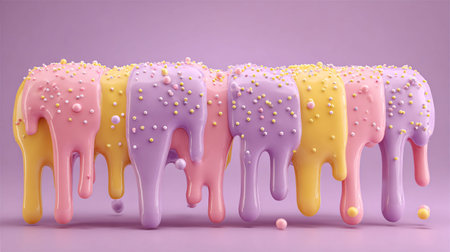 Rows of glossy pastel icing in yellow pink and lavender colors melt downwards creating elongated...